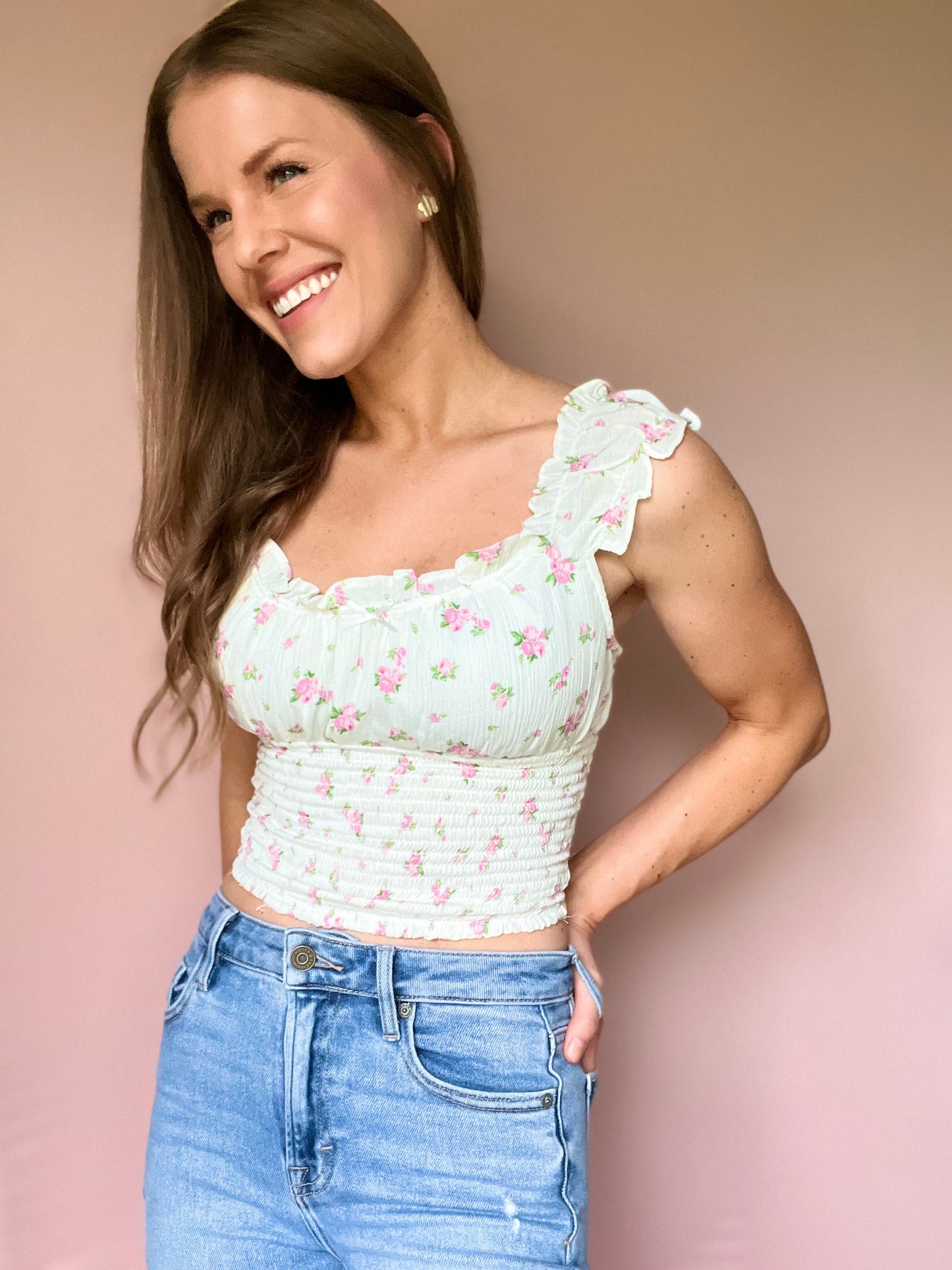 Floral Smocked Linen Ruffle Sleeve Top