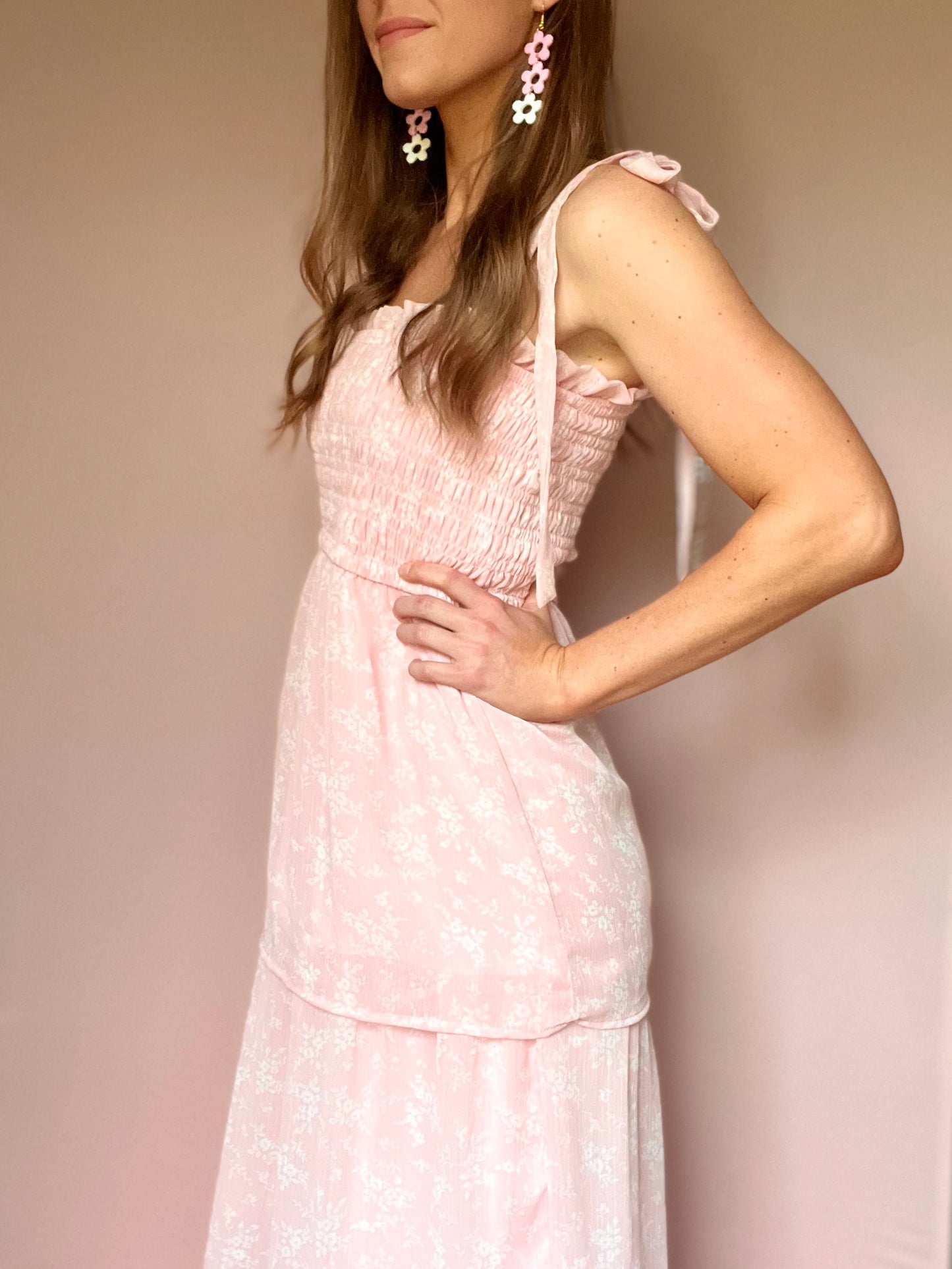 Pink Floral Smocked Tie-Strap Tiered Maxi Dress