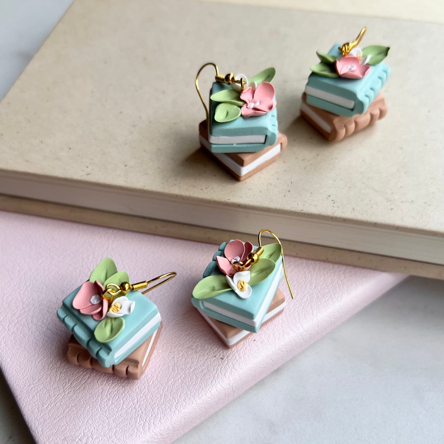 The Page | Floral Book Stack Clay Earrings