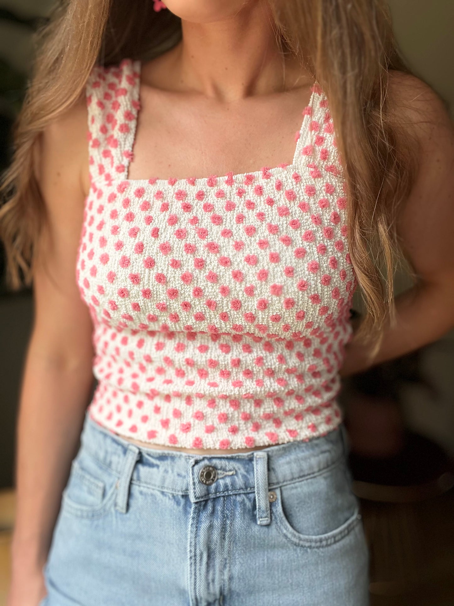 Pink Textured Polka Dot Sleeve Top