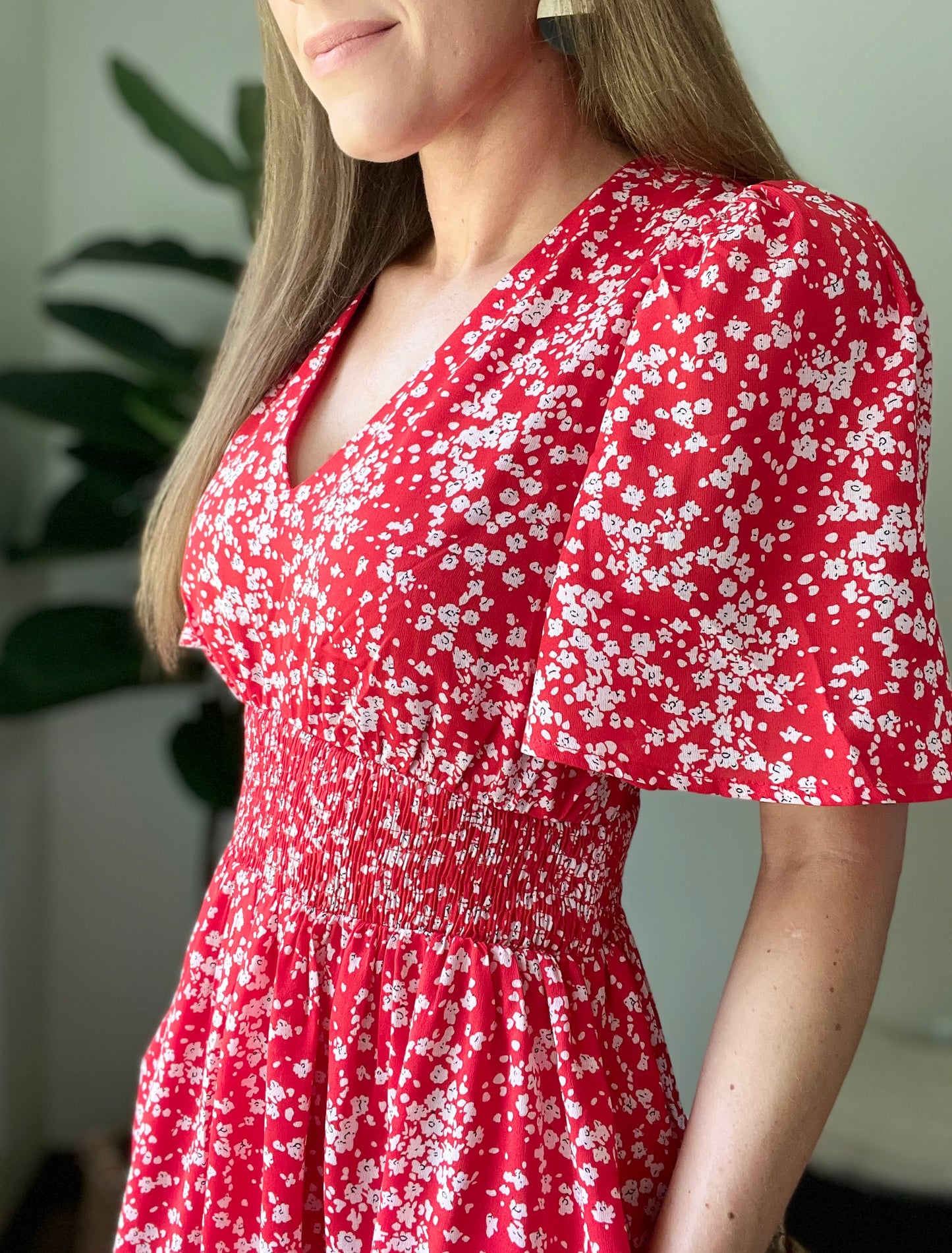 Floral V-Neck Smocked Waist Midi Dress