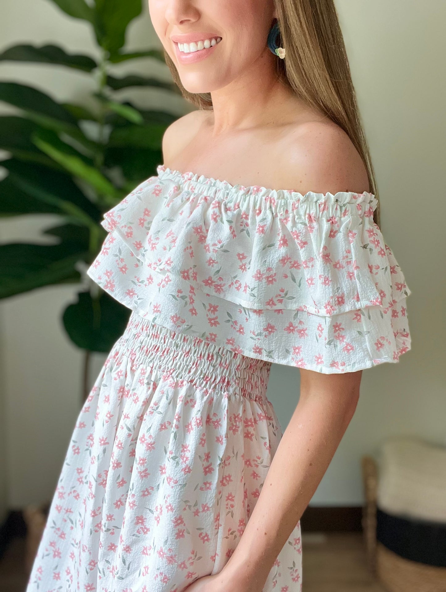 Off the Shoulder Ruffle Smocked Bodice Mini Dress