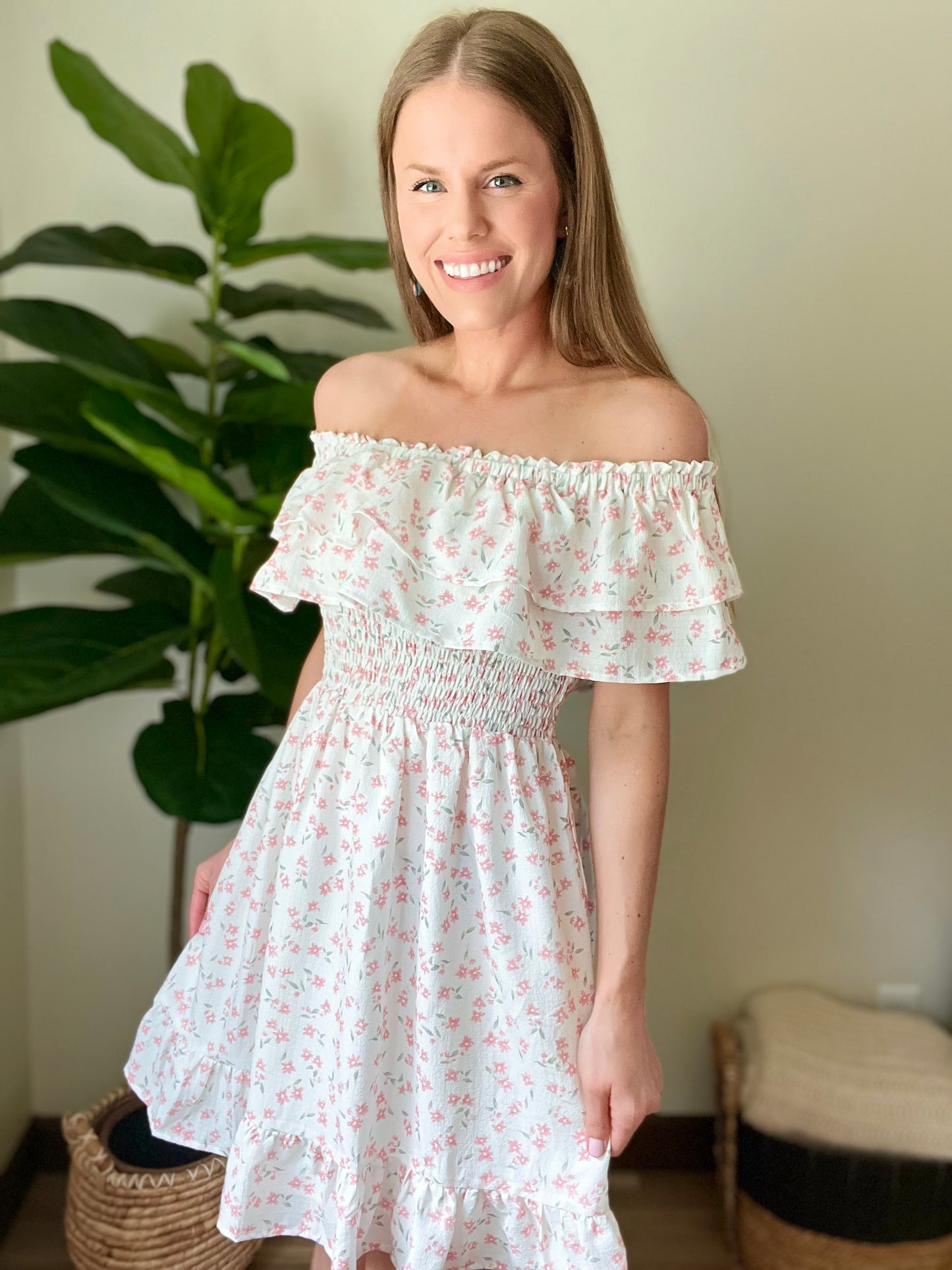 Off the Shoulder Ruffle Smocked Bodice Mini Dress