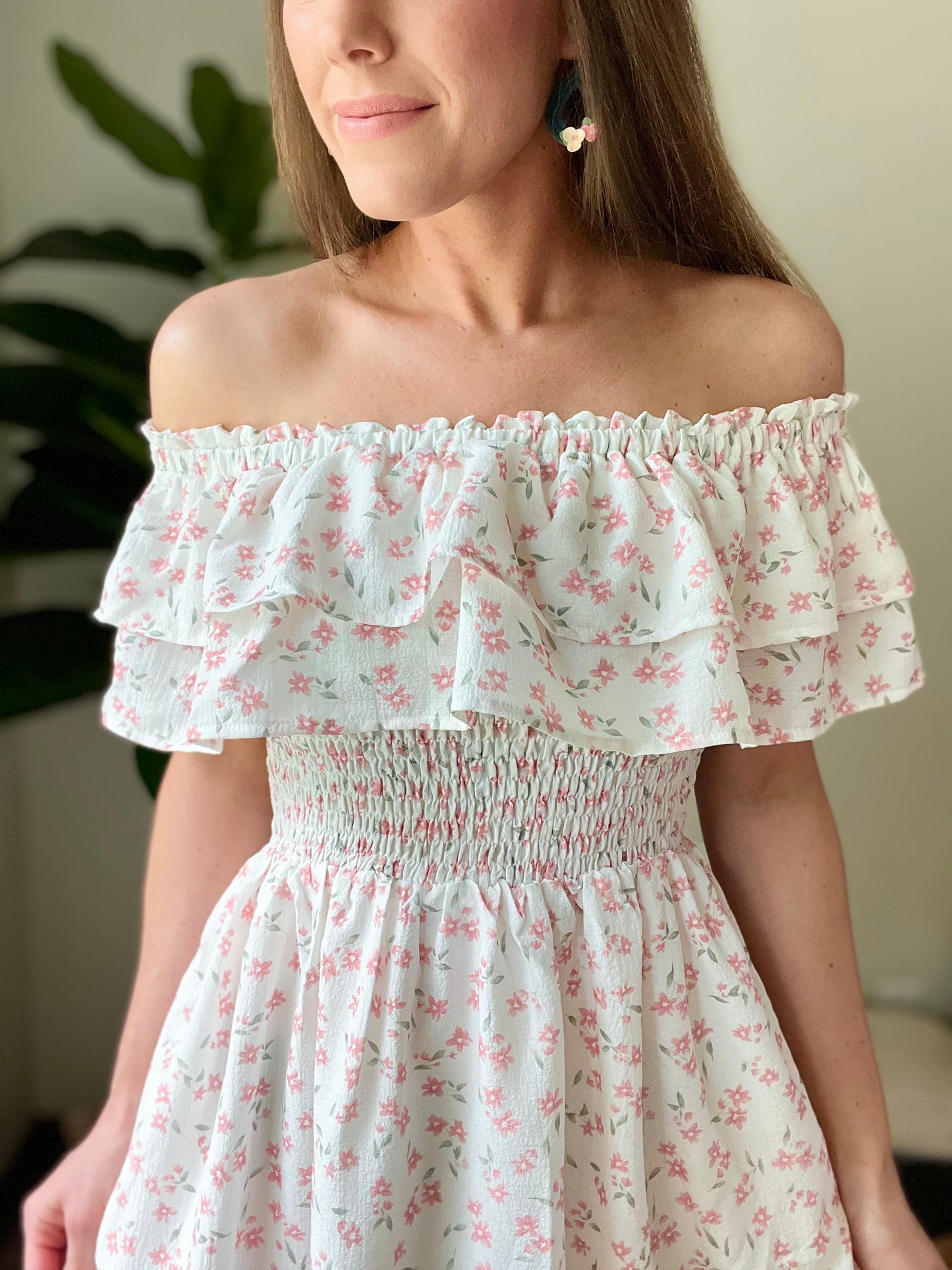 Off the Shoulder Ruffle Smocked Bodice Mini Dress