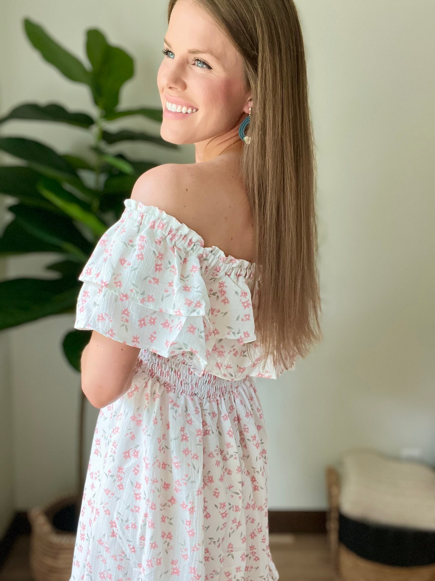 Off the Shoulder Ruffle Smocked Bodice Mini Dress