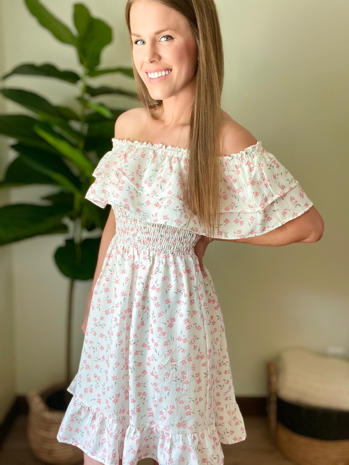 Off the Shoulder Ruffle Smocked Bodice Mini Dress