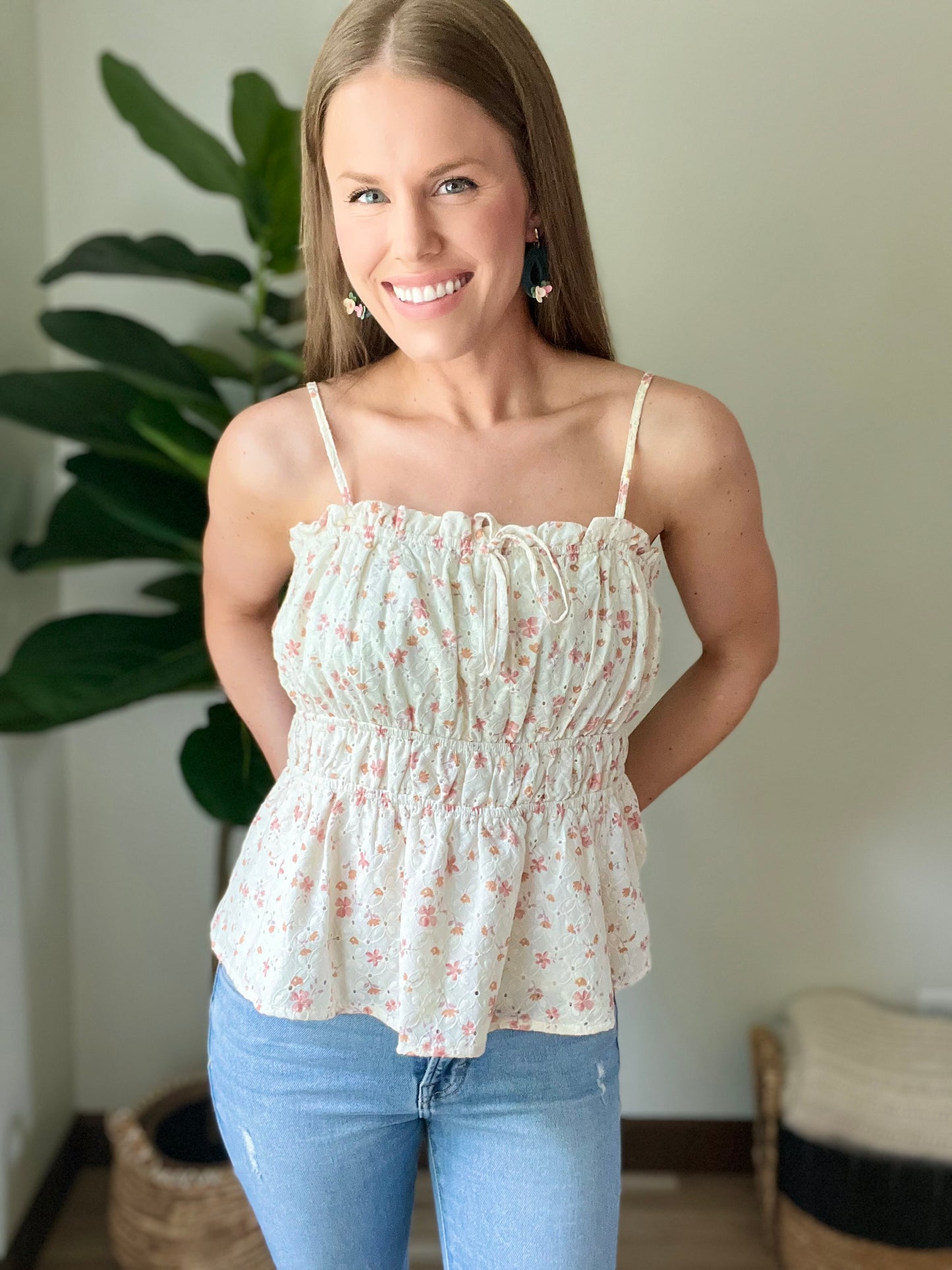 Floral Eyelet Straight Neckline Tank Top