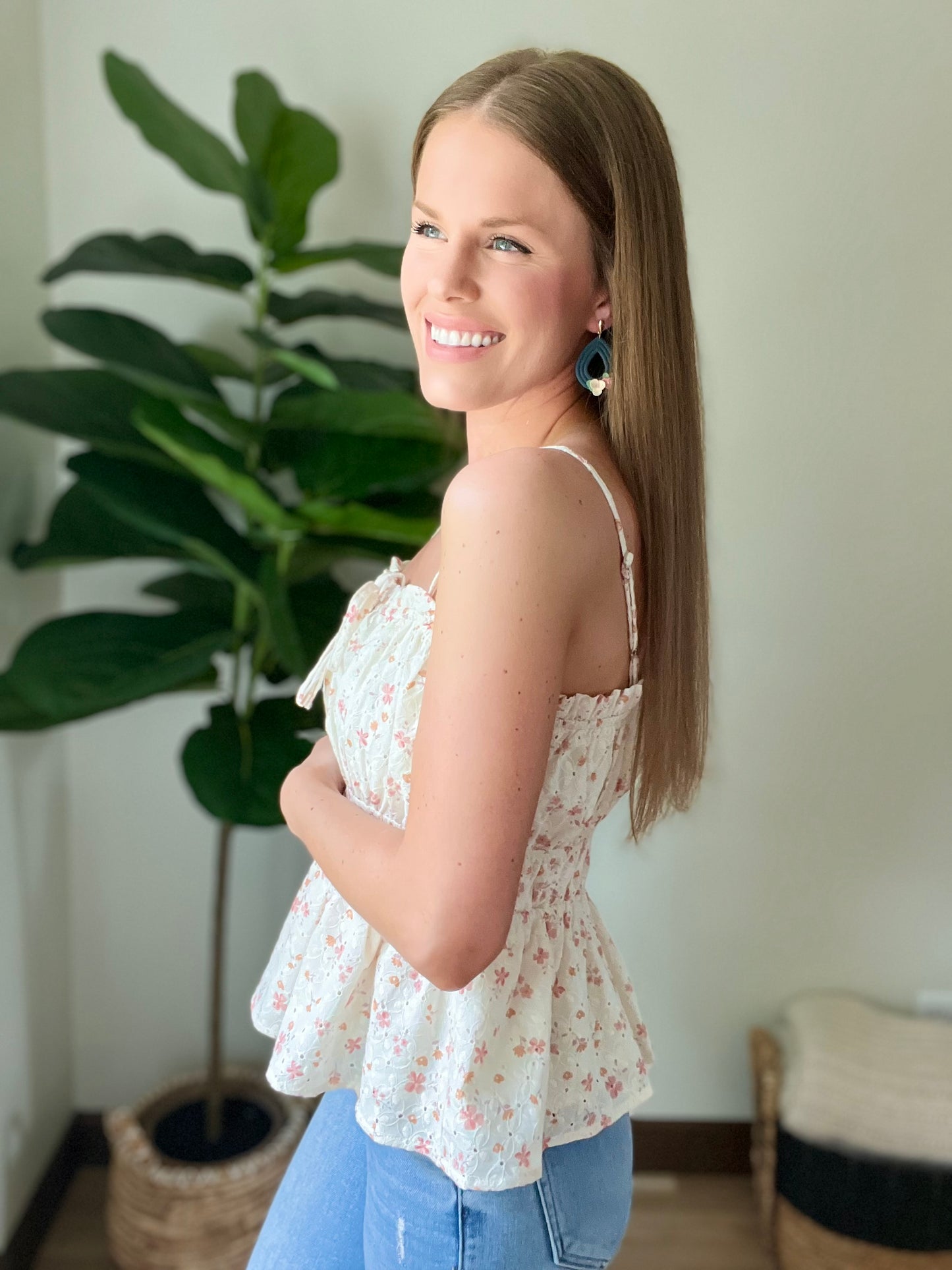 Floral Eyelet Straight Neckline Tank Top