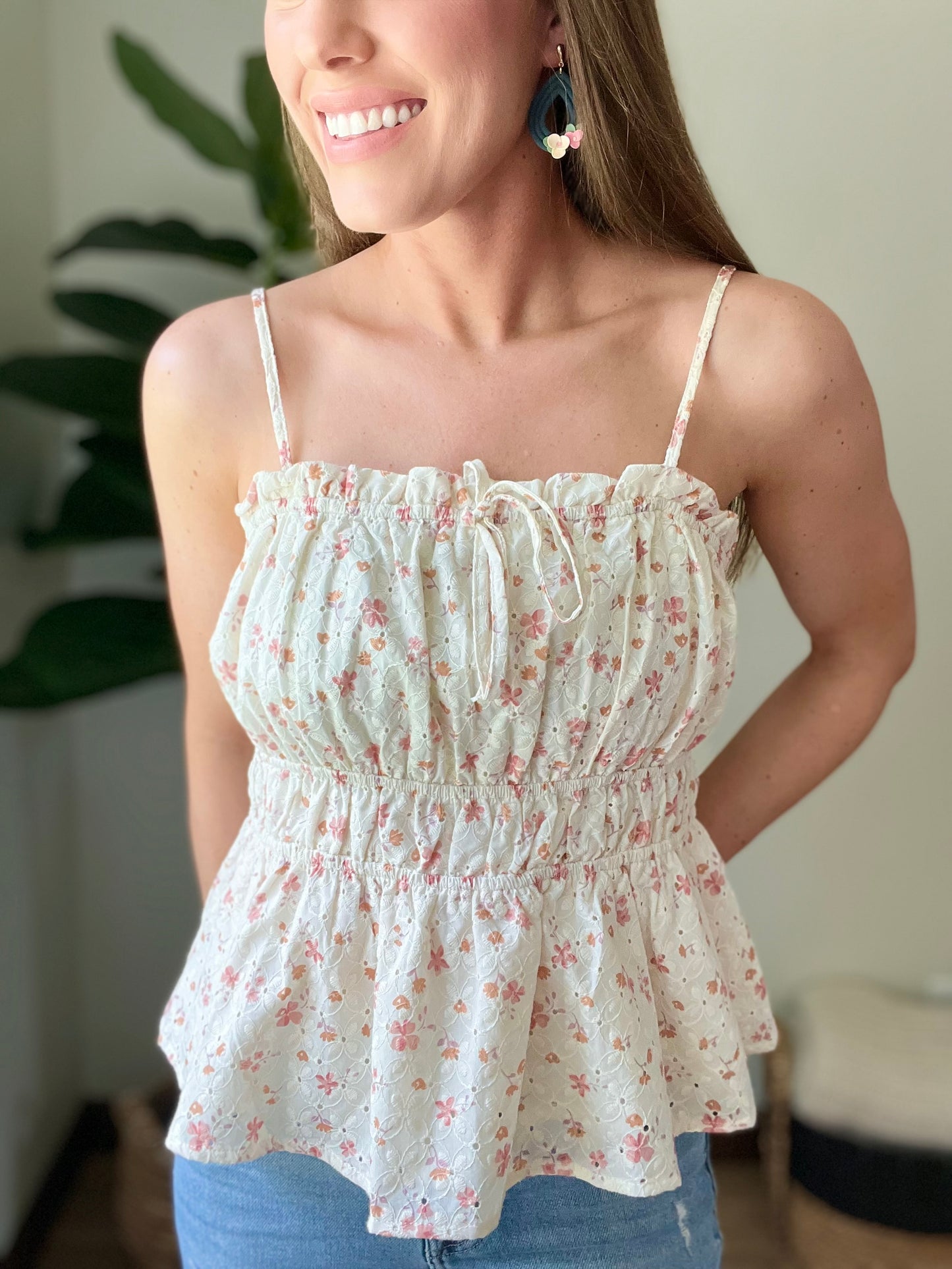 Floral Eyelet Straight Neckline Tank Top