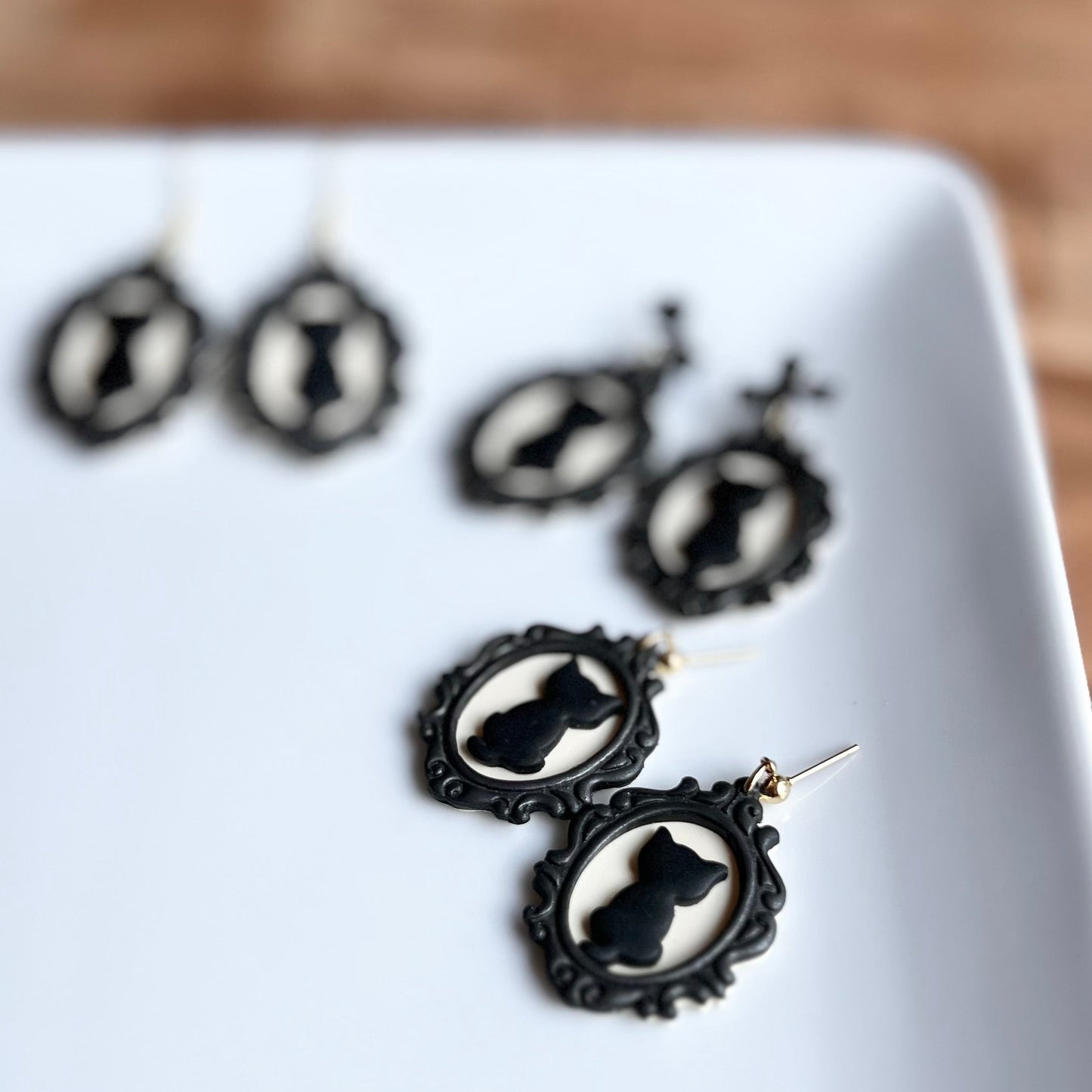 The Framed Shadow | Black Cat Clay Earrings