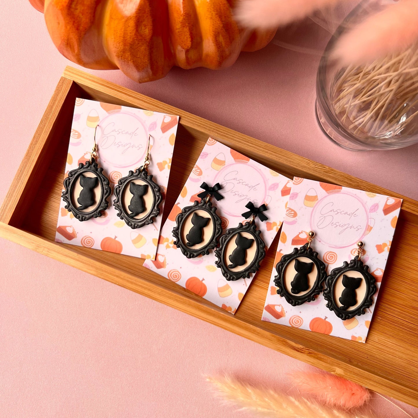 The Framed Shadow | Black Cat Clay Earrings
