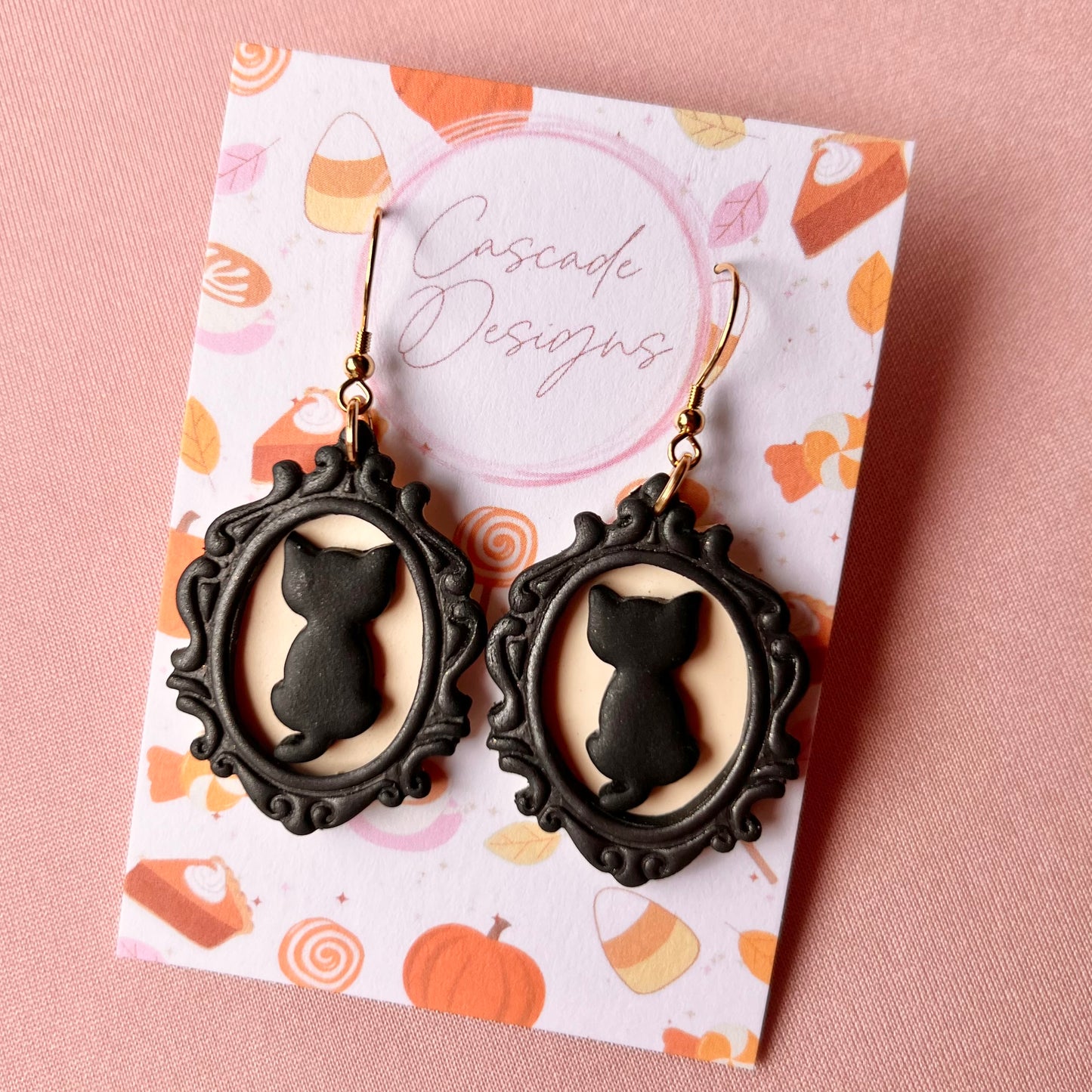 The Framed Shadow | Black Cat Clay Earrings