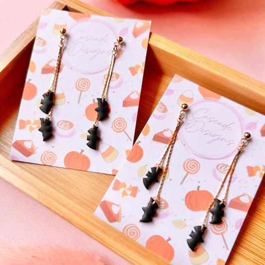 The Hanging Bat | Double Chain Bat Clay Earrings