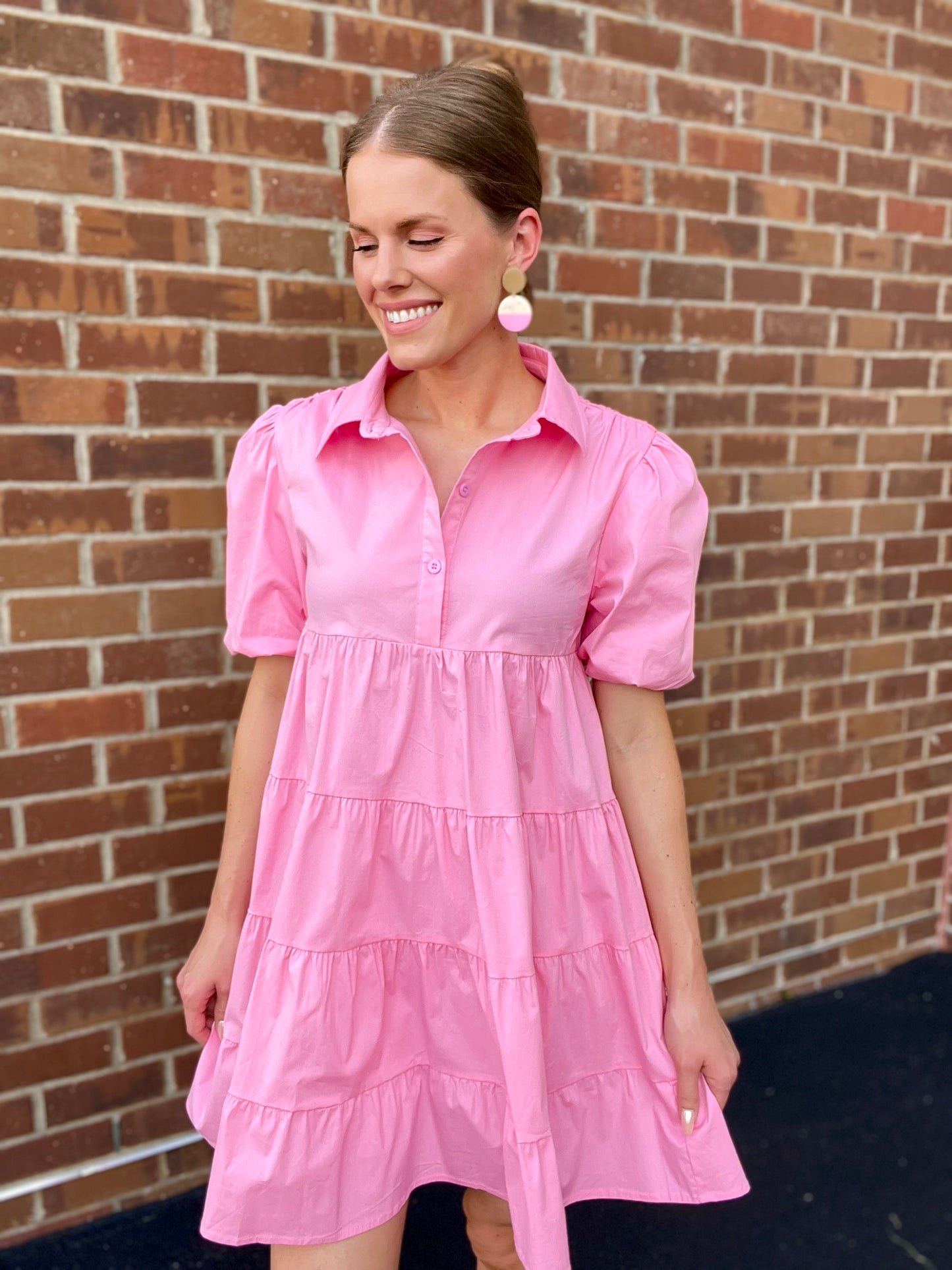 Button Up Tiered Puff Sleeve Shirt Dress