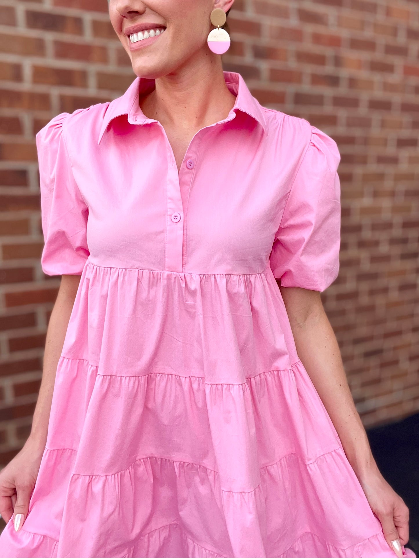 Button Up Tiered Puff Sleeve Shirt Dress