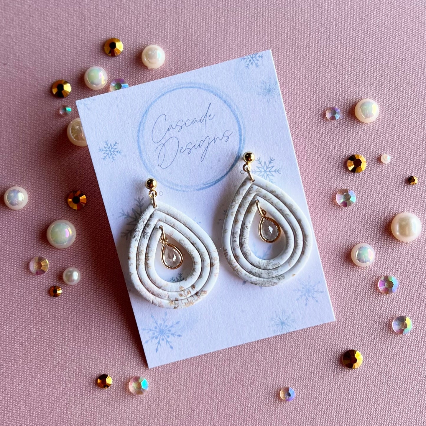 The Frost | Snowflake Patterned Gem Teardrop Clay Earrings