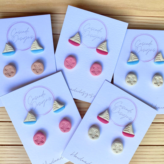 The Sunni | Sand Dollar and Sailboat Clay Earring Studs - Set of 2