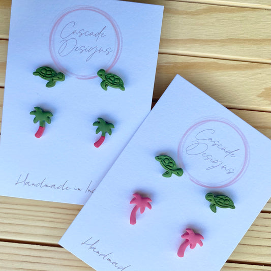 The Coast | Turtle, Palm Tree, and Flamingo Earring Studs - Set of 2