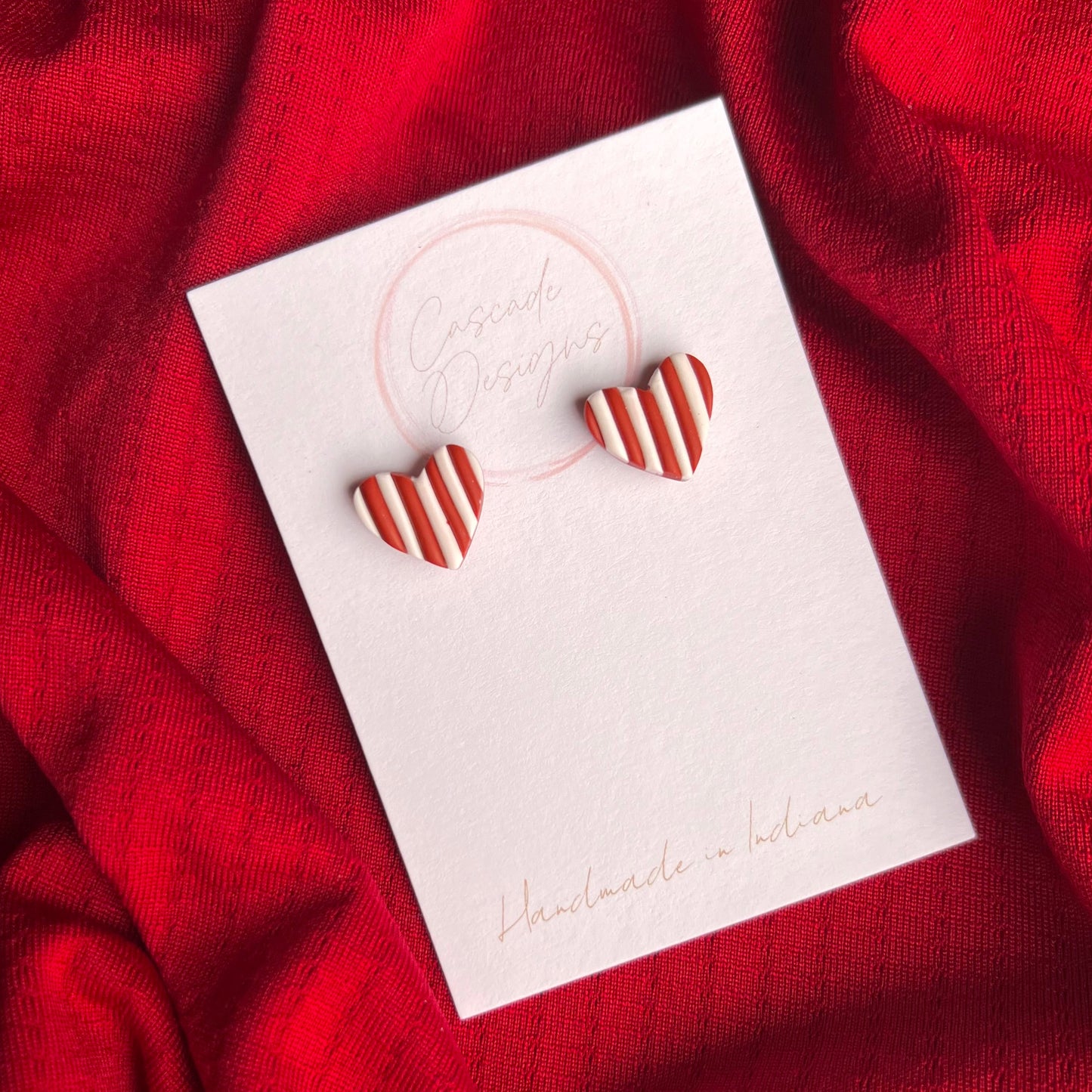 The Hoosier Heart | Red and White Striped Heart Clay Earring Studs