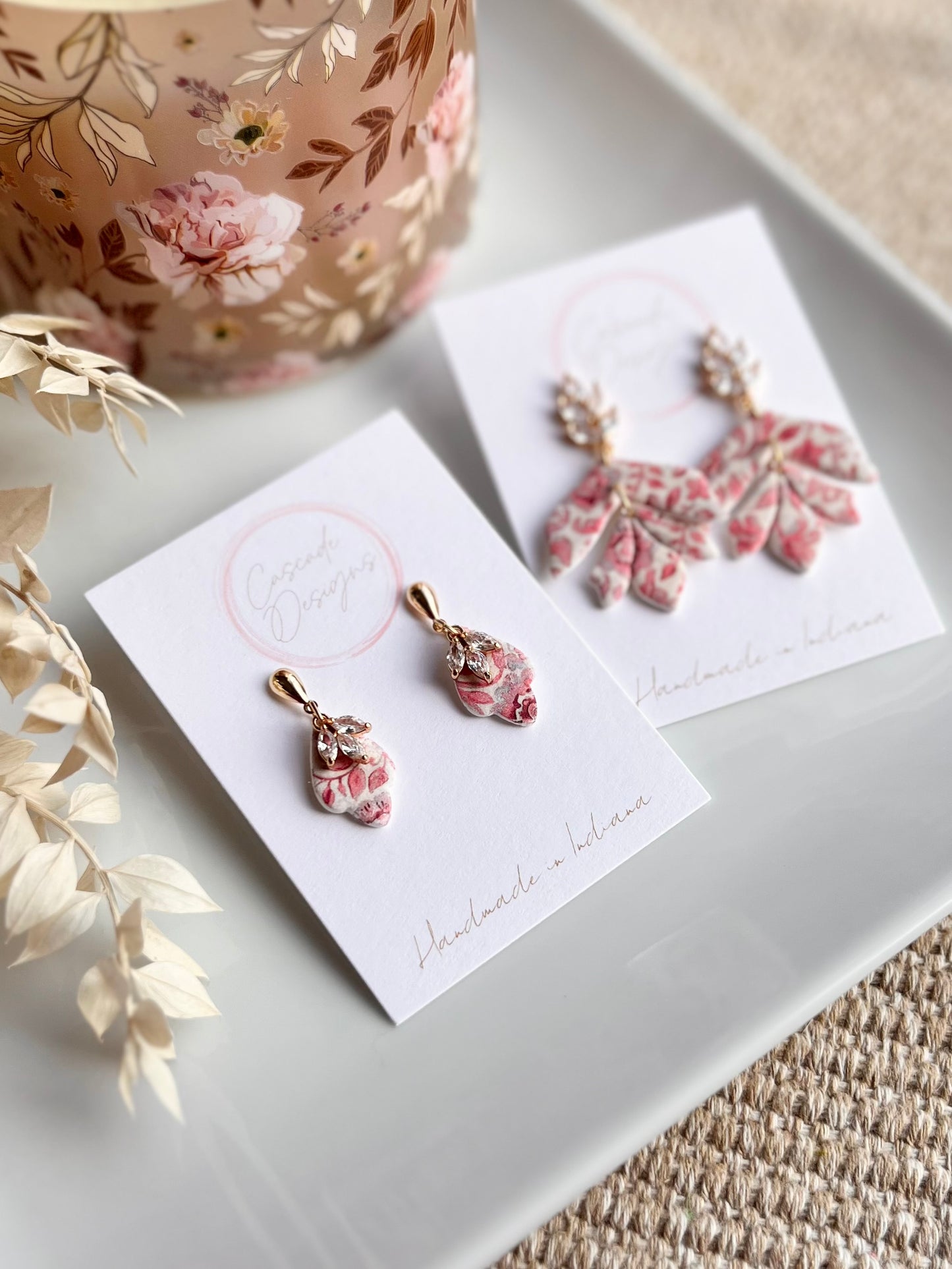 The Zinnia | Floral Patterned Crystal Drop Clay Earrings