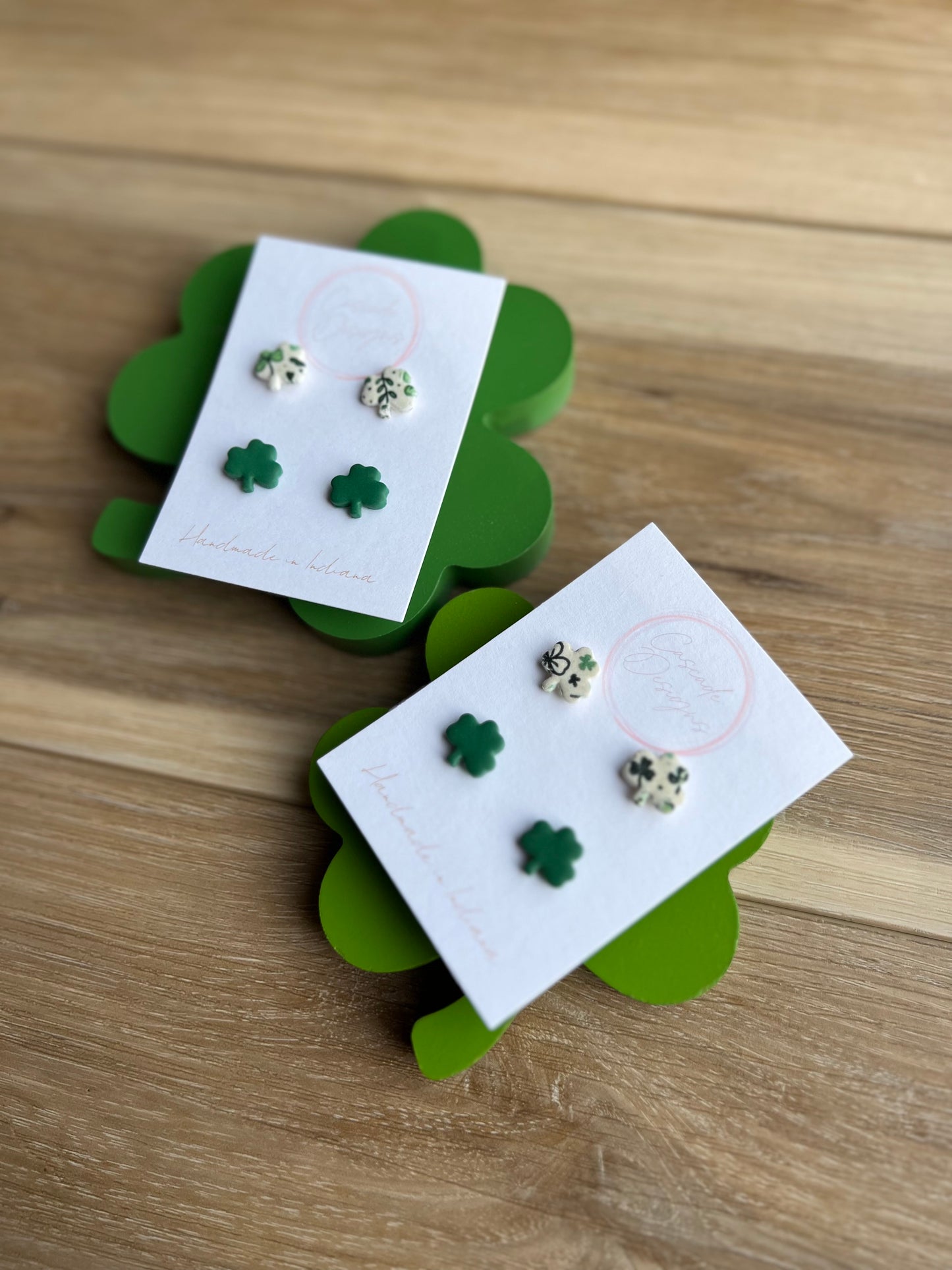 The Shamrock | Green and Sparkle Clover Clay Studs Earrings - Set of 2