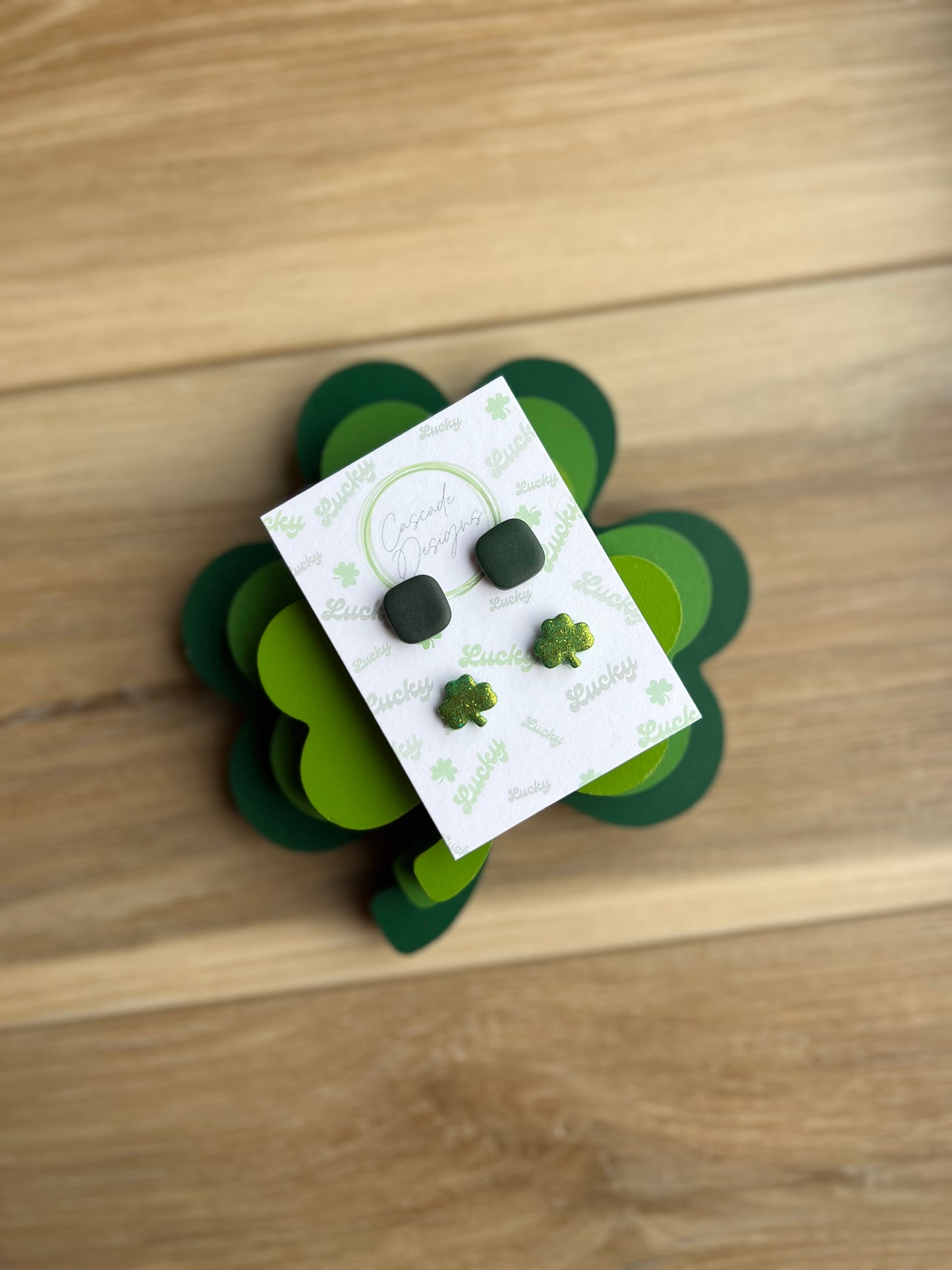 The Patti | Green Block and Sparkle Clover Clay Studs Earrings - Set of 2