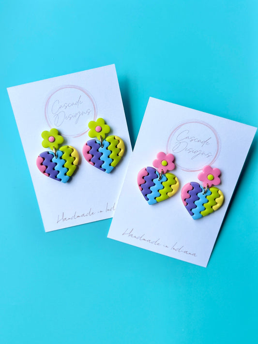 The Rainbow | Flower and Wavy Heart Clay Earrings
