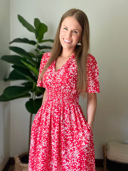 Floral V-Neck Smocked Waist Midi Dress