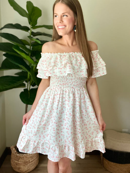 Off the Shoulder Ruffle Smocked Bodice Mini Dress
