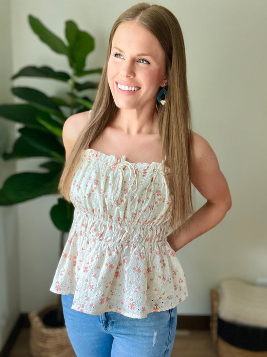 Floral Eyelet Straight Neckline Tank Top