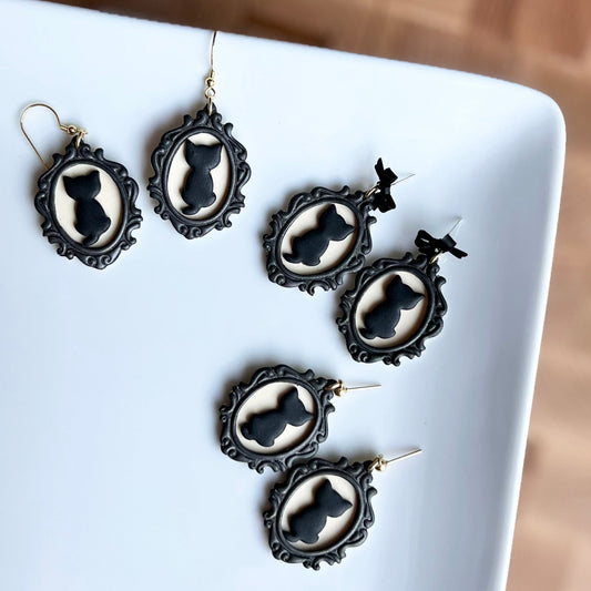 The Framed Shadow | Black Cat Clay Earrings