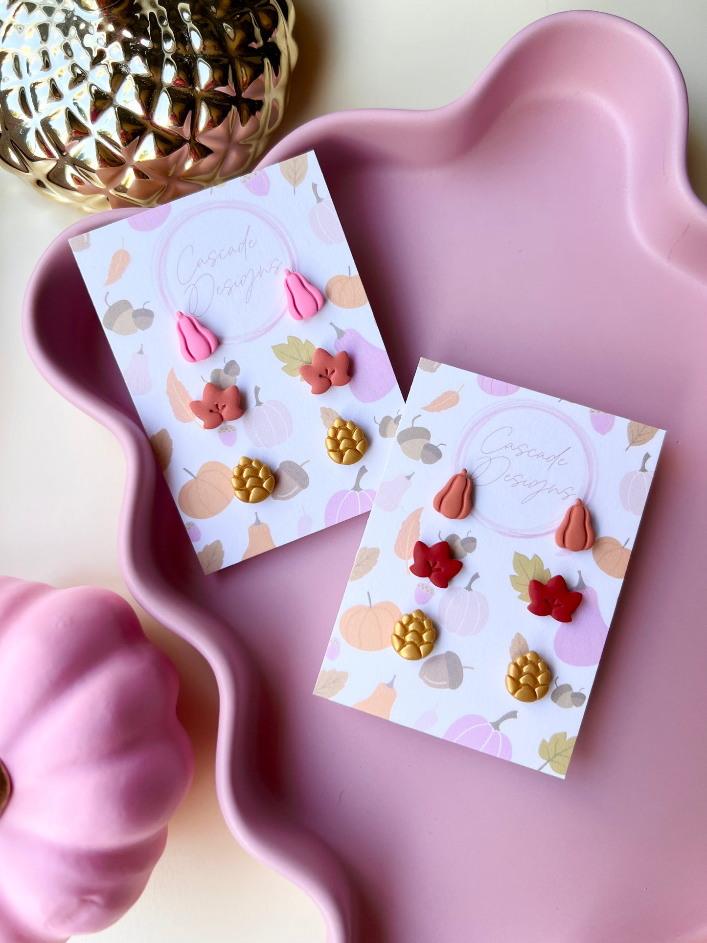 The Harvest Stud Set | Gourd, Leaf, Pinecone Earring Studs - Set of 3