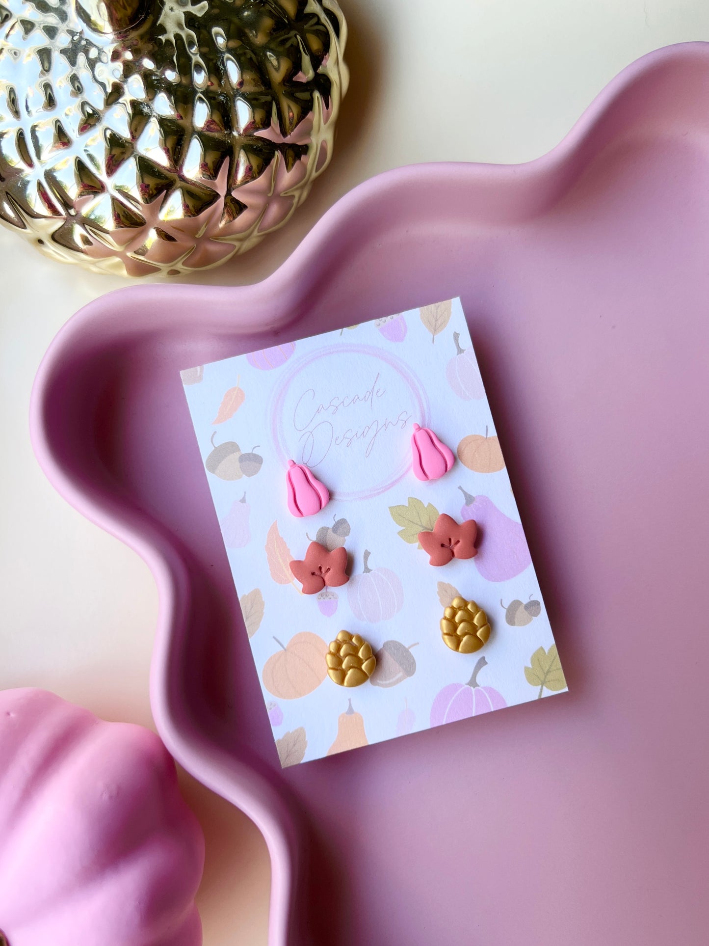 The Harvest Stud Set | Gourd, Leaf, Pinecone Earring Studs - Set of 3