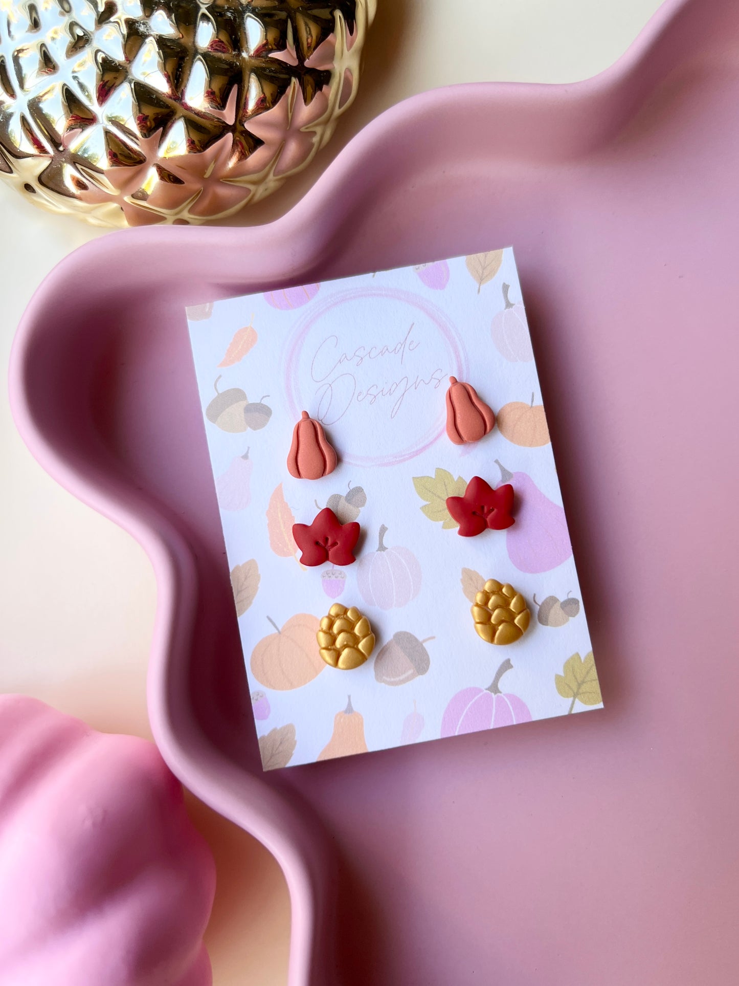 The Harvest Stud Set | Gourd, Leaf, Pinecone Earring Studs - Set of 3