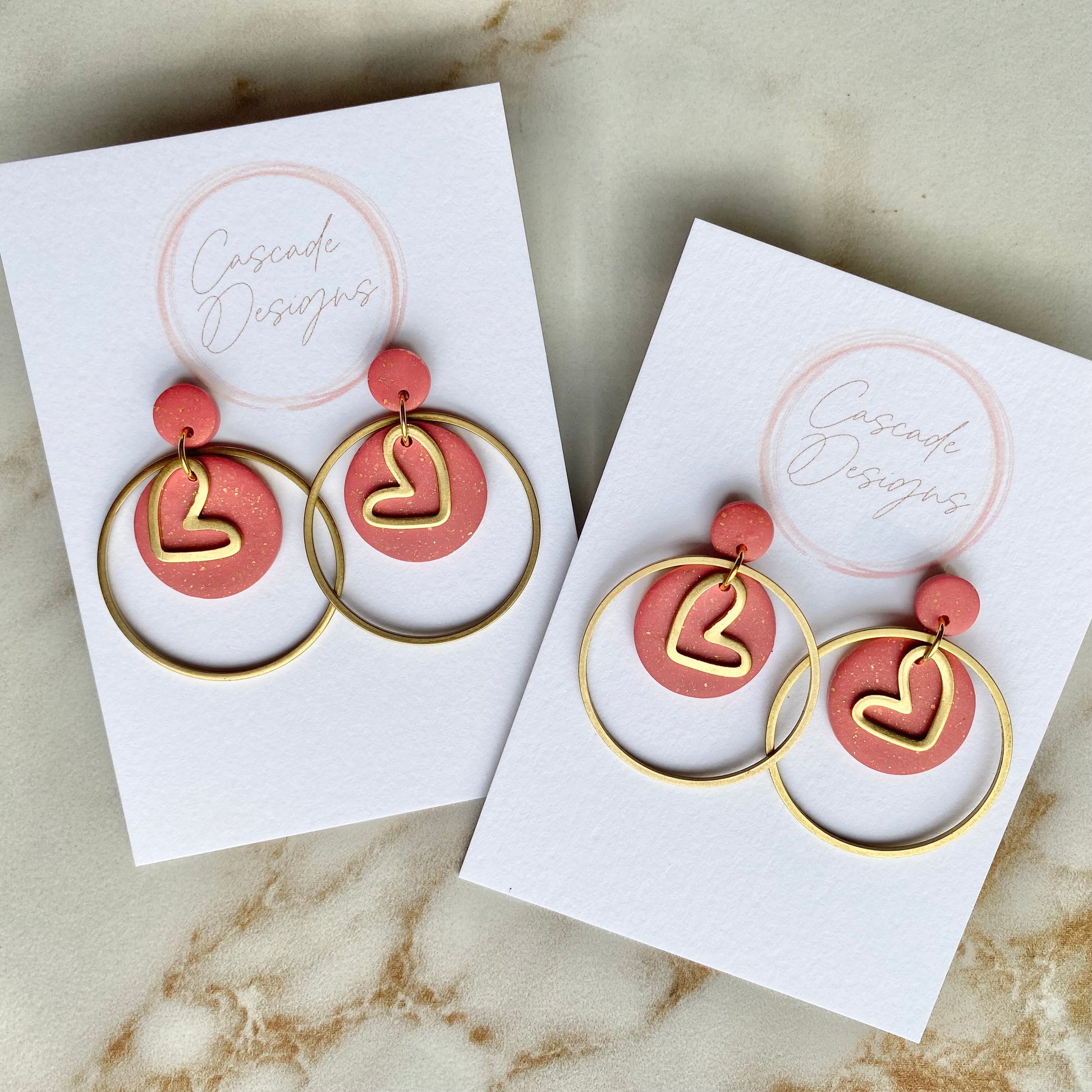 Pink and Orange Heart Hoop Earrings Handmade Polymer Clay 