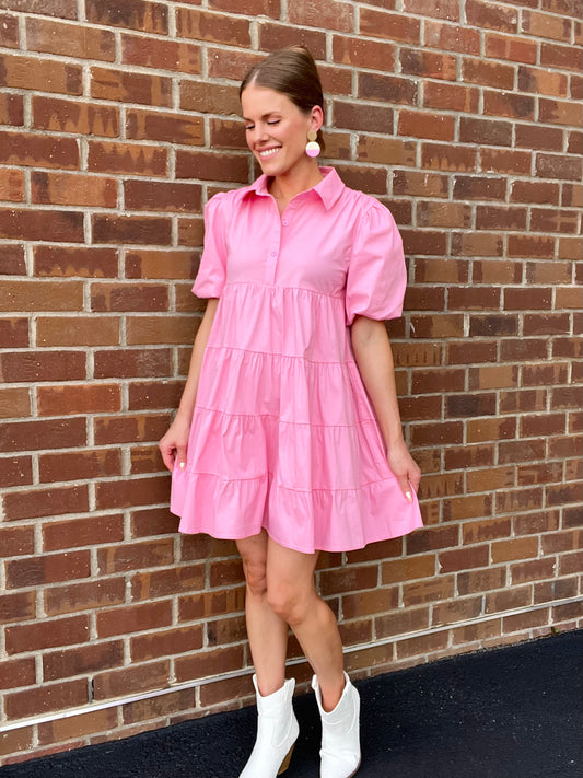 Button Up Tiered Puff Sleeve Shirt Dress