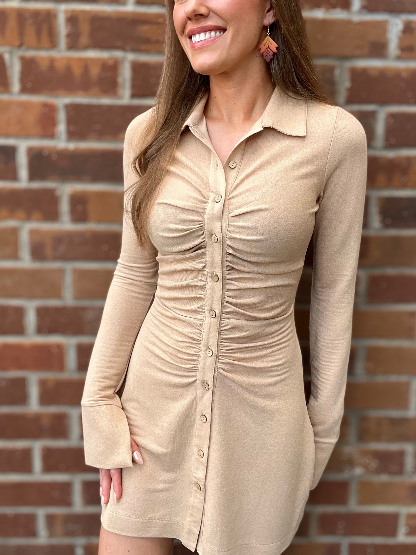 Ruched Placket Mini Dress with Slit Cuff