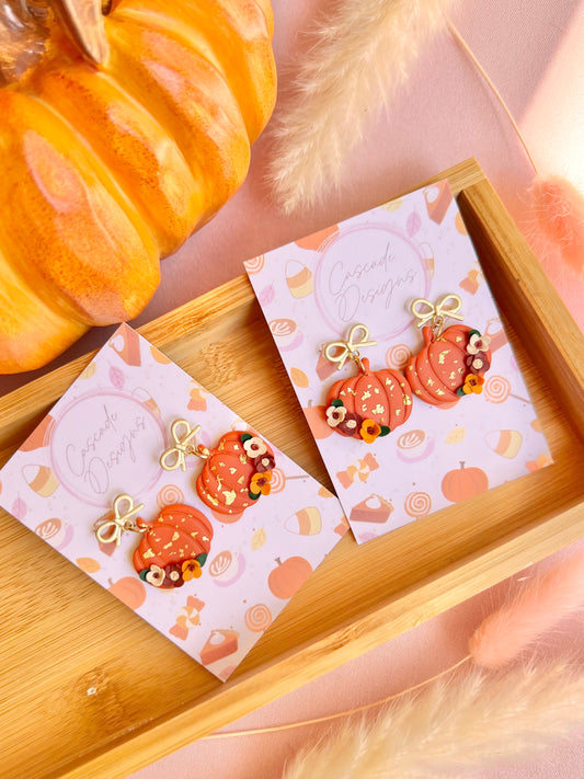The Pumpkin Floral Sparkle | Orange Pumpkin Clay Earrings