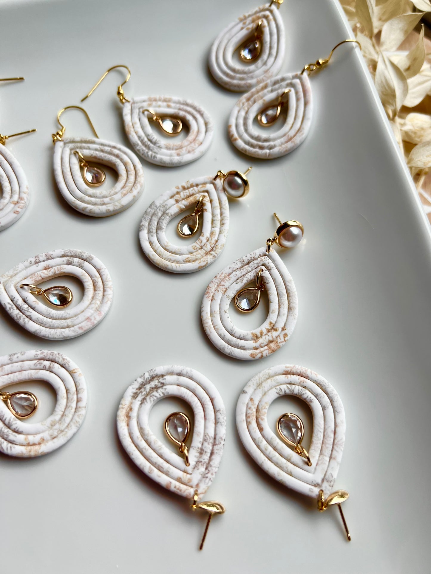 The Frost | Snowflake Patterned Gem Teardrop Clay Earrings