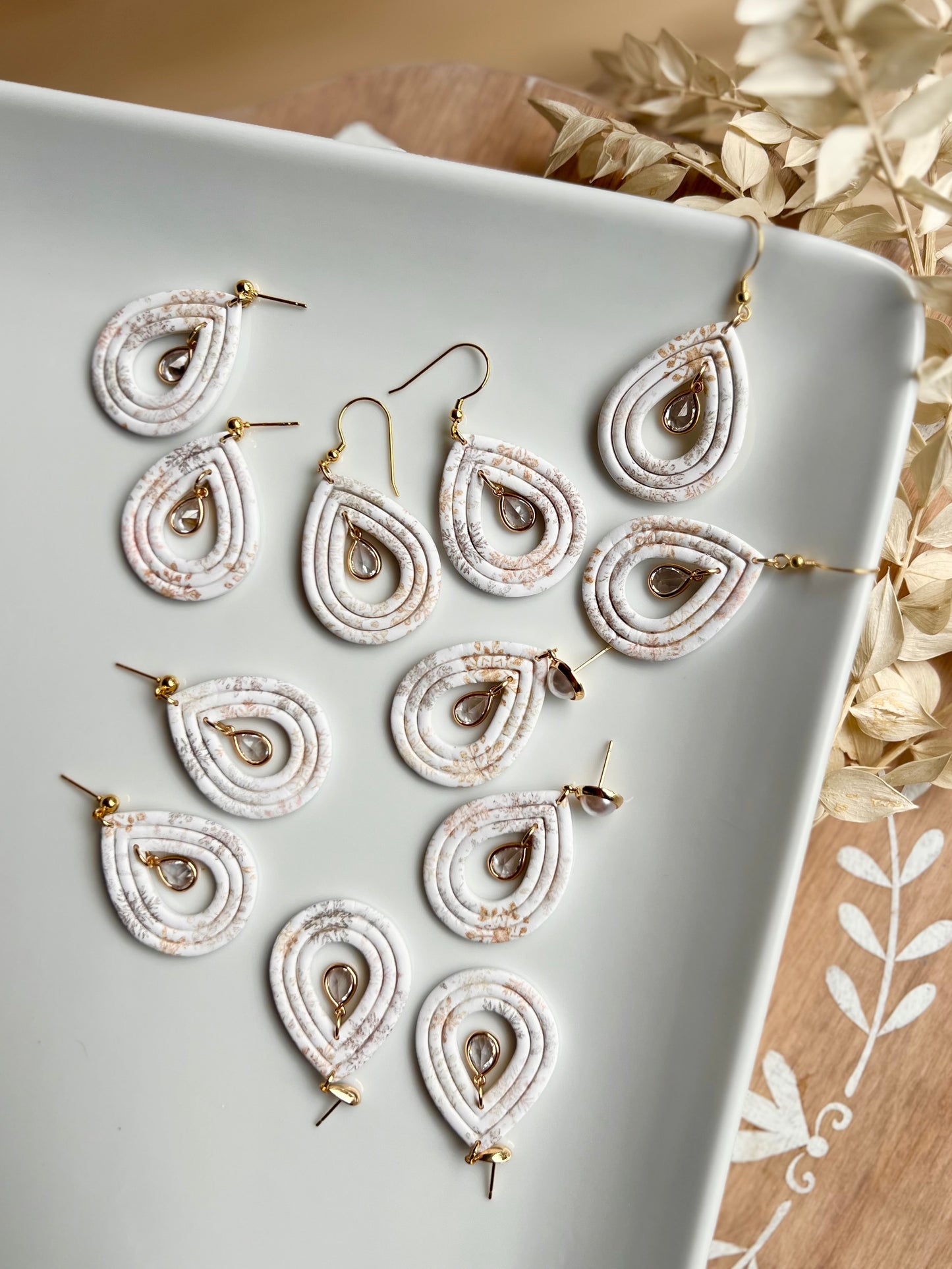 The Frost | Snowflake Patterned Gem Teardrop Clay Earrings
