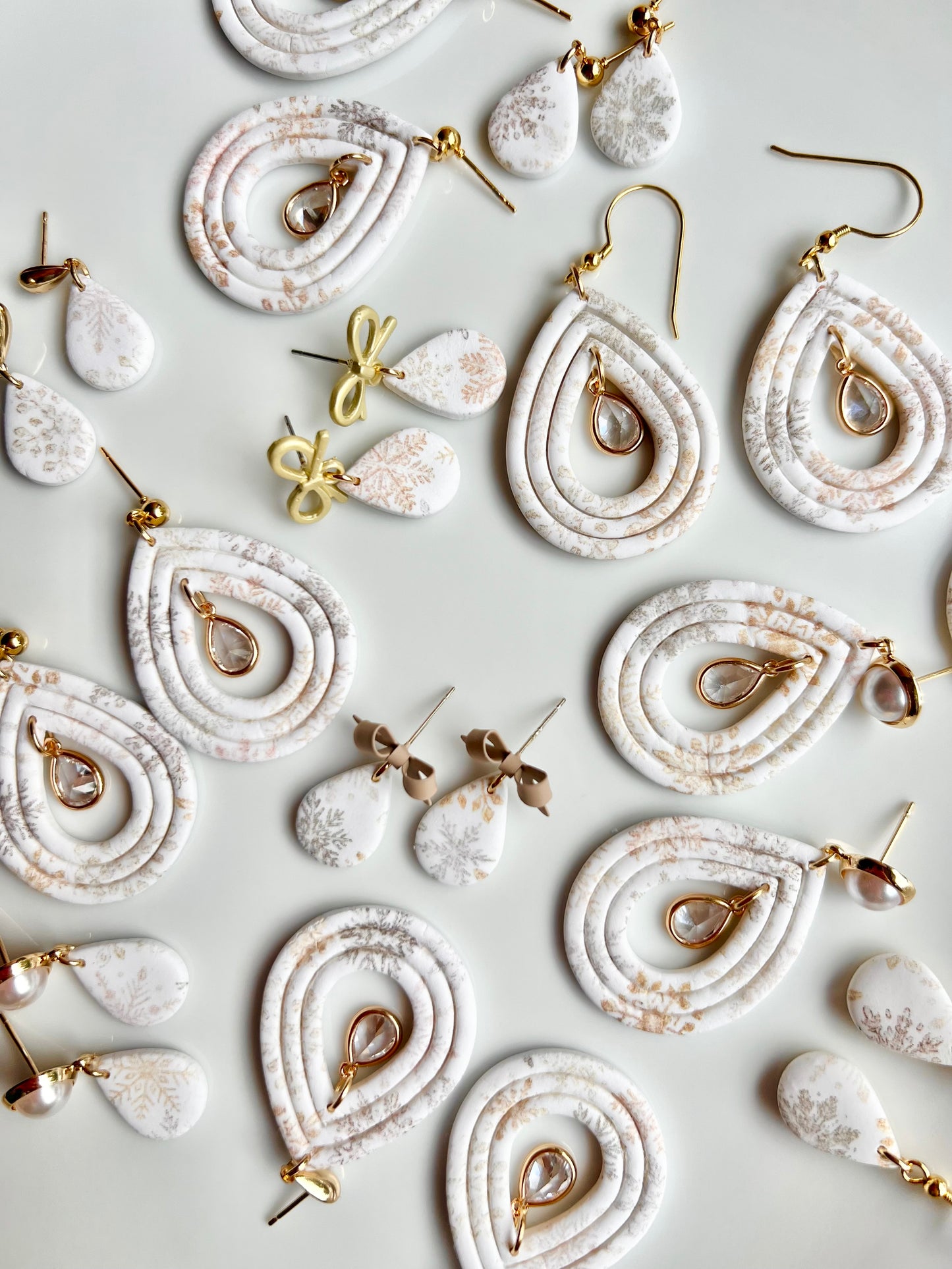 The Frost | Snowflake Patterned Gem Teardrop Clay Earrings