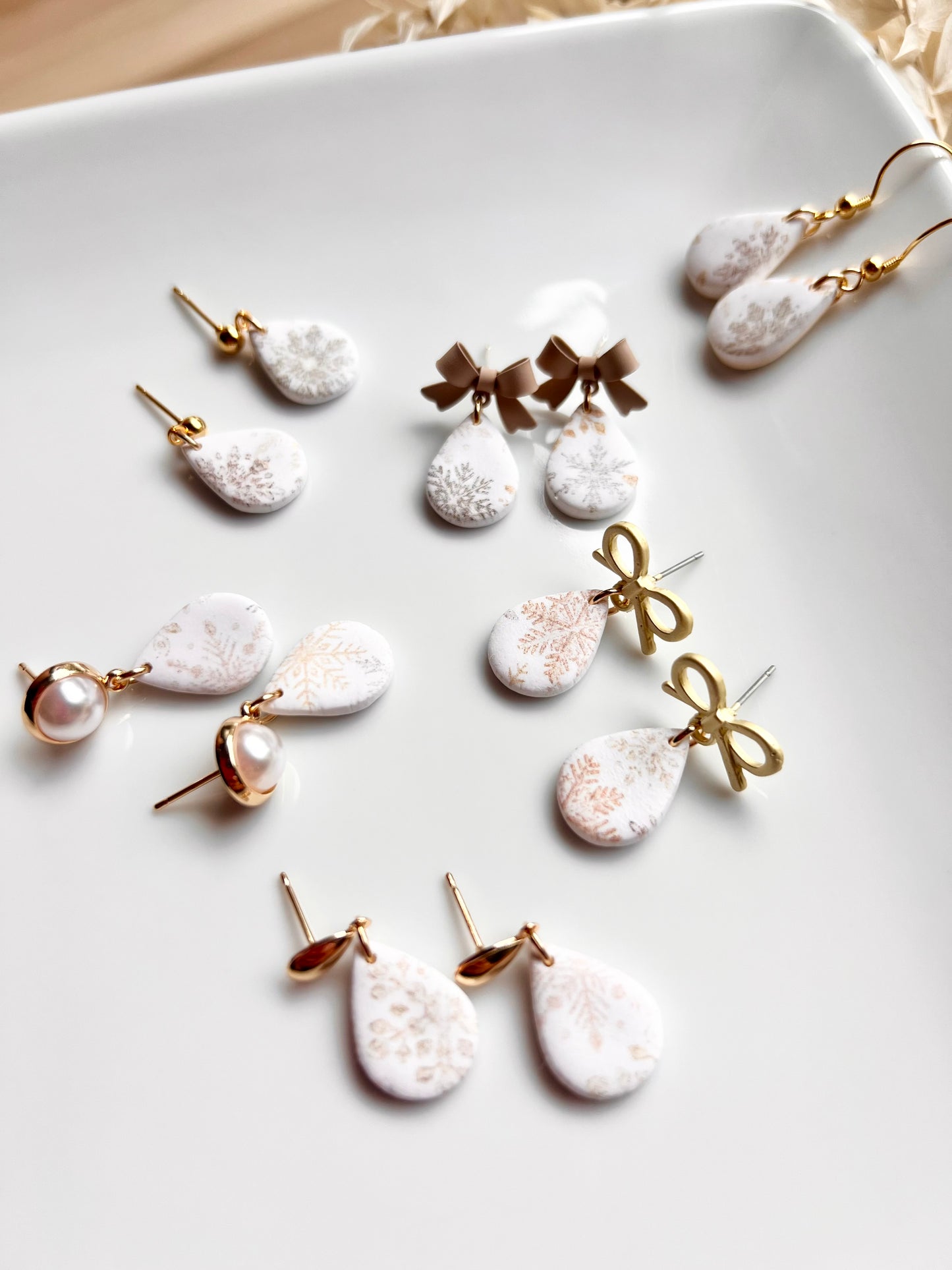 The Icicle | Snowflake Patterned Teardrop Clay Earrings