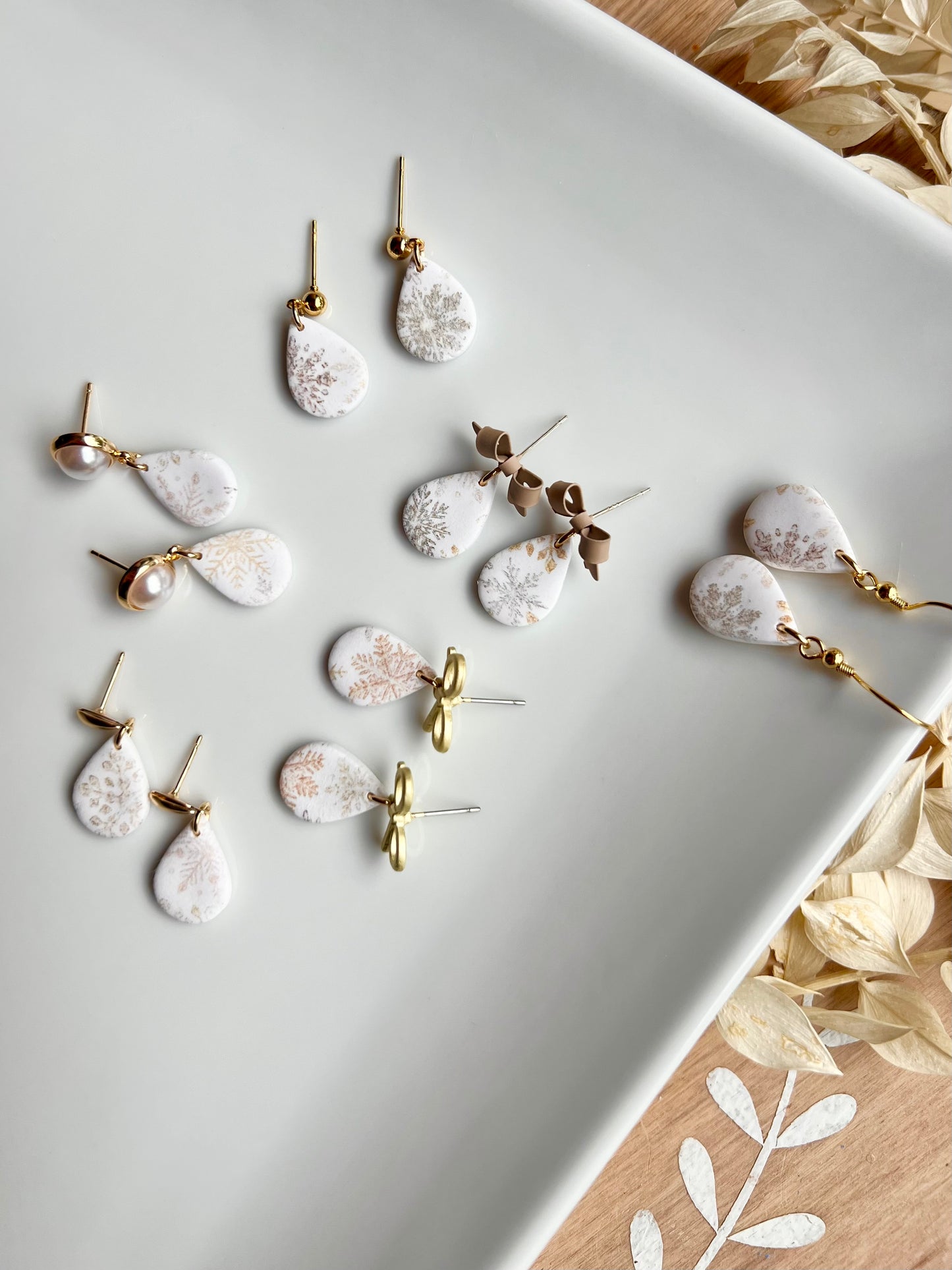 The Icicle | Snowflake Patterned Teardrop Clay Earrings