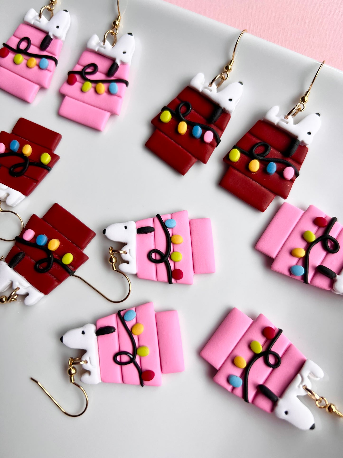 The Snoopi | Sleepy Doghouse and Christmas Lights Clay Earrings