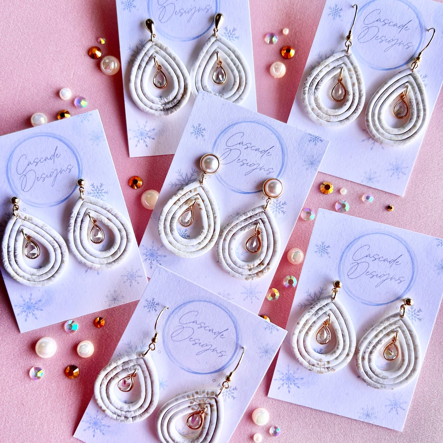 The Frost | Snowflake Patterned Gem Teardrop Clay Earrings