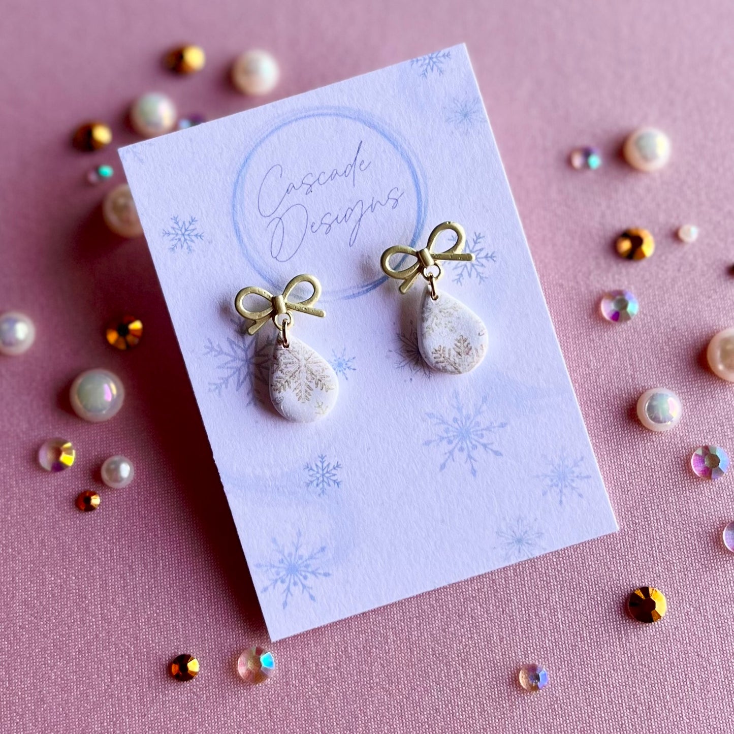 The Icicle | Snowflake Patterned Teardrop Clay Earrings