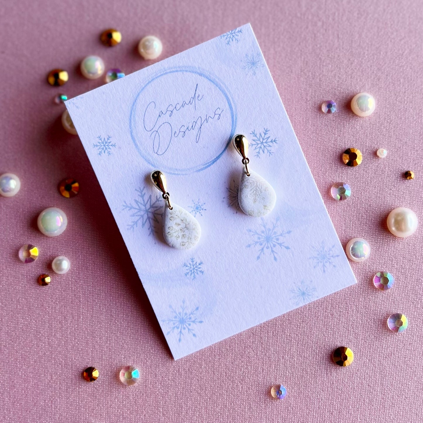 The Icicle | Snowflake Patterned Teardrop Clay Earrings