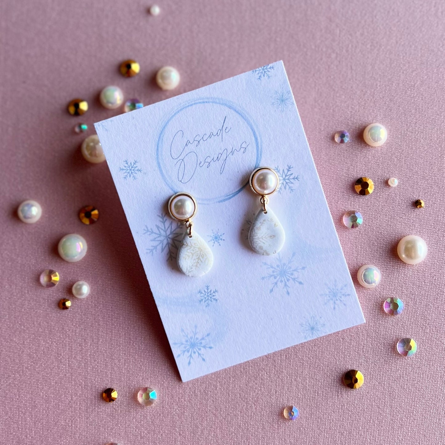 The Icicle | Snowflake Patterned Teardrop Clay Earrings