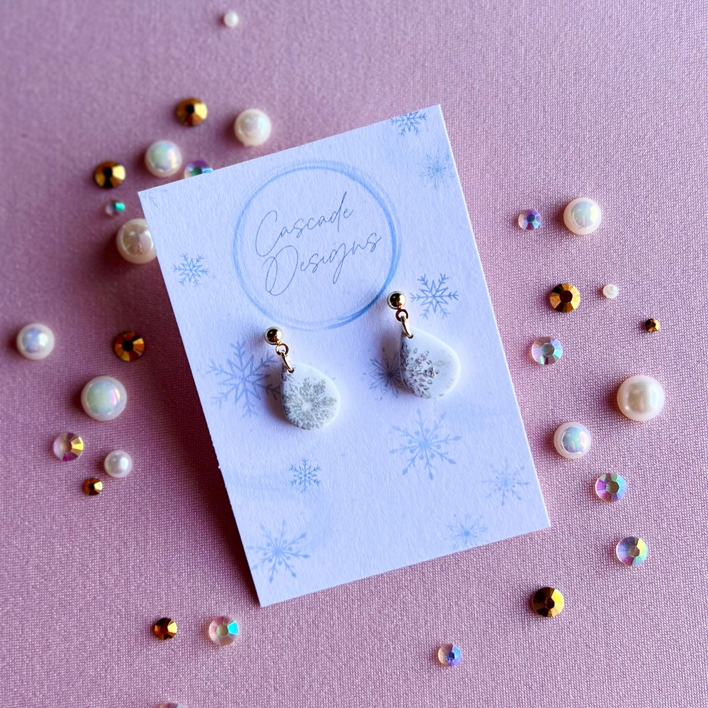 The Icicle | Snowflake Patterned Teardrop Clay Earrings