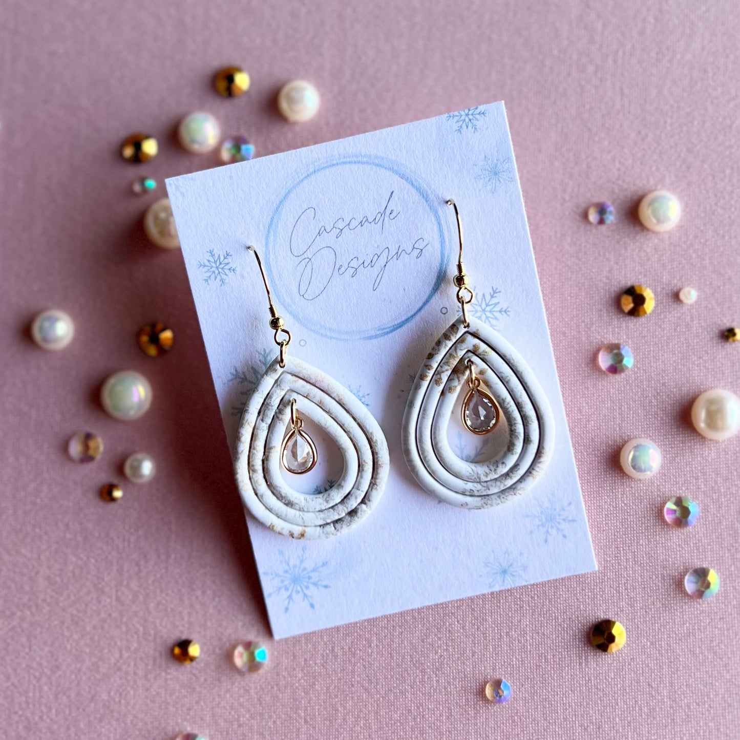 The Frost | Snowflake Patterned Gem Teardrop Clay Earrings